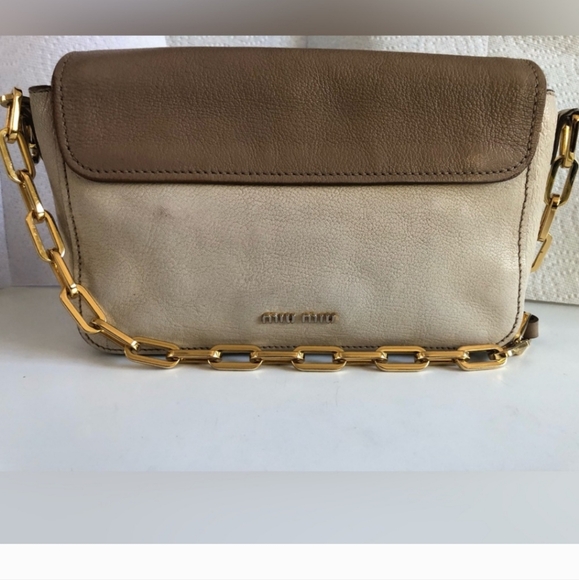 AUTHENTIC Miu Miu Crossbody Bag Beige Tan Leather gold hardware purse - Picture 2 of 10
